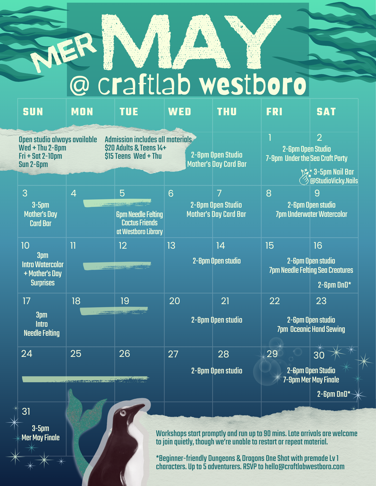 May calendar at community makerspace Craftlab Westboro in Central Massachusetts