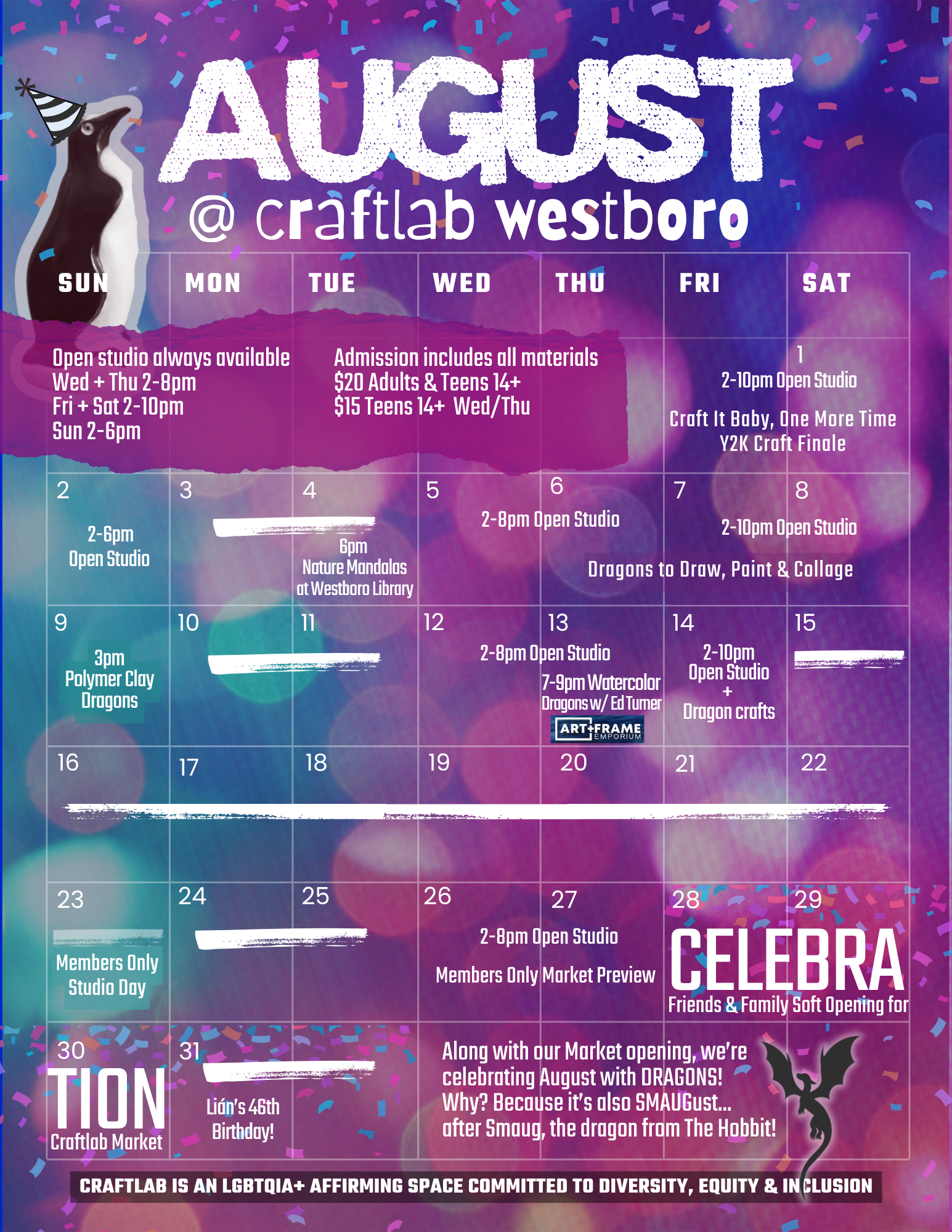 August calendar for Craftlab Westborough Adult Arts & Crafts Studio in Westborough, Central Massachusetts
